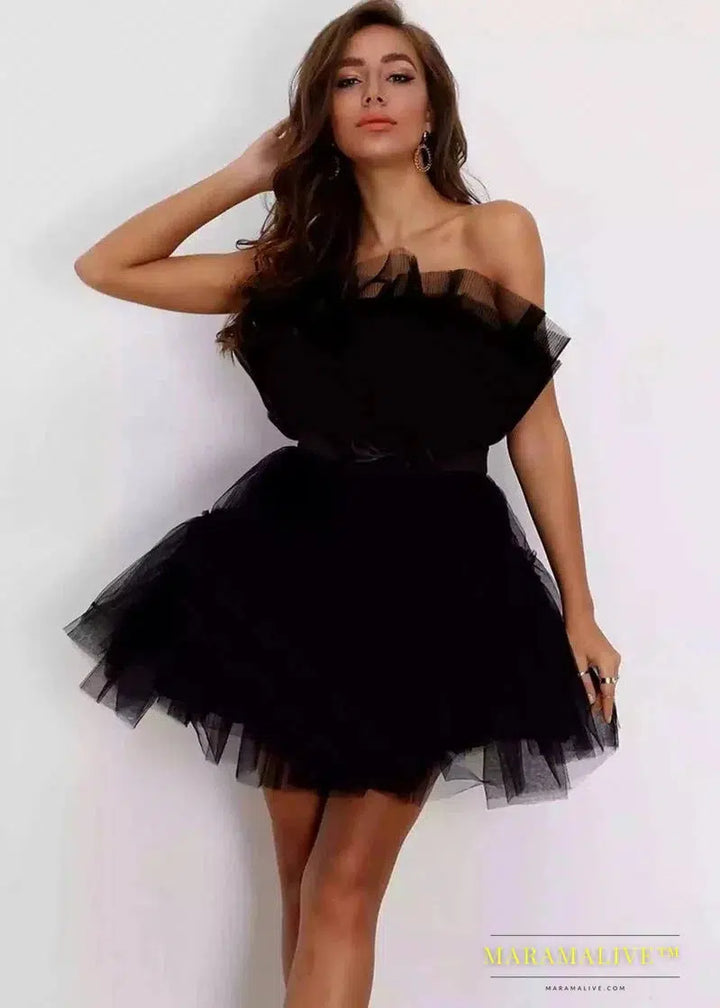 Summer Dress Women Off Shoulder Mesh Backless Tutu Tulle Lolita Pleated Dresses Women Strapless Date Ball Gown Dress Vestidos