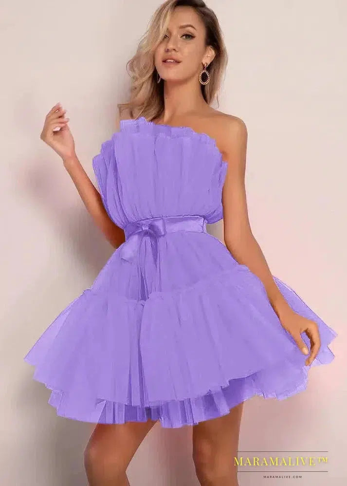 Summer Dress Women Off Shoulder Mesh Backless Tutu Tulle Lolita Pleated Dresses Women Strapless Date Ball Gown Dress Vestidos