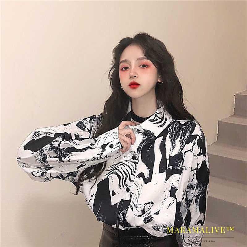 Summer New Weird Girl Short Sleeve Top Retro Loose Student Print Shirt And Sun-proof Clothing