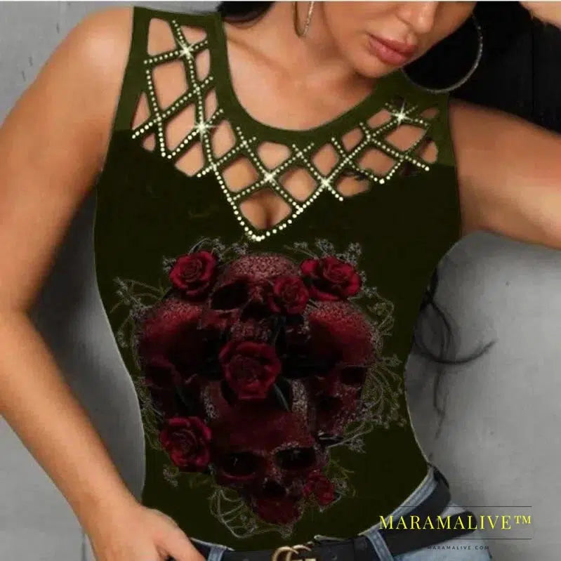 Summer New Women's T-Shirt Camouflage Print Sleeveless Fit Fashion V-Neck Lace Sexy Fashion Casual Women's Clothing