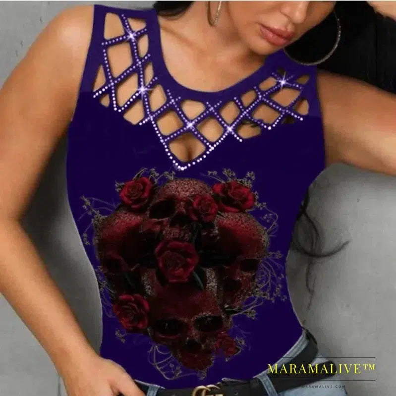 Summer New Women's T-Shirt Camouflage Print Sleeveless Fit Fashion V-Neck Lace Sexy Fashion Casual Women's Clothing