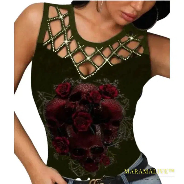 Summer New Women's T-Shirt Camouflage Print Sleeveless Fit Fashion V-Neck Lace Sexy Fashion Casual Women's Clothing