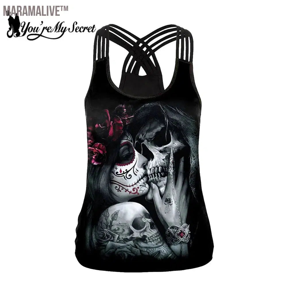 Summer Skull Girl Digital Printed Women's Tank Tops Fantastic Gothic Style Sling Top Sexy Backless Vest