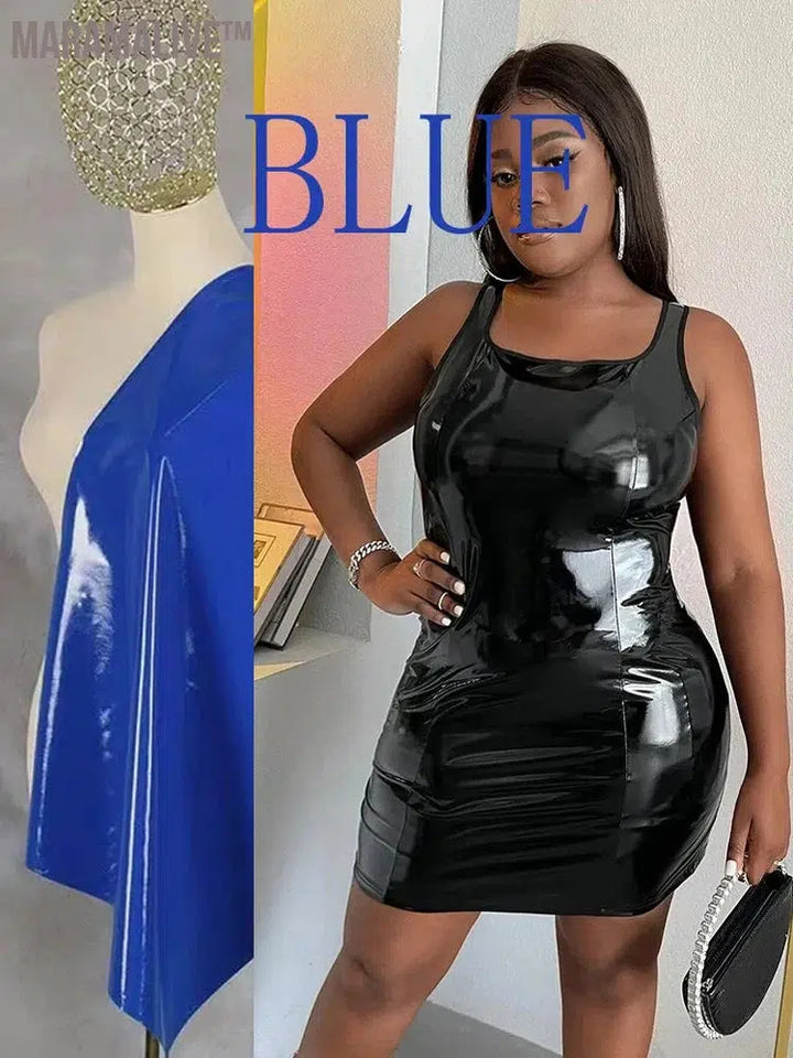 Summer Sleeveless Faux Latex Dress Women Plus Size Sexy PVC Leather Mini Dress Square Collar Ladies Bodycon Pu Dress 6XL 7XL