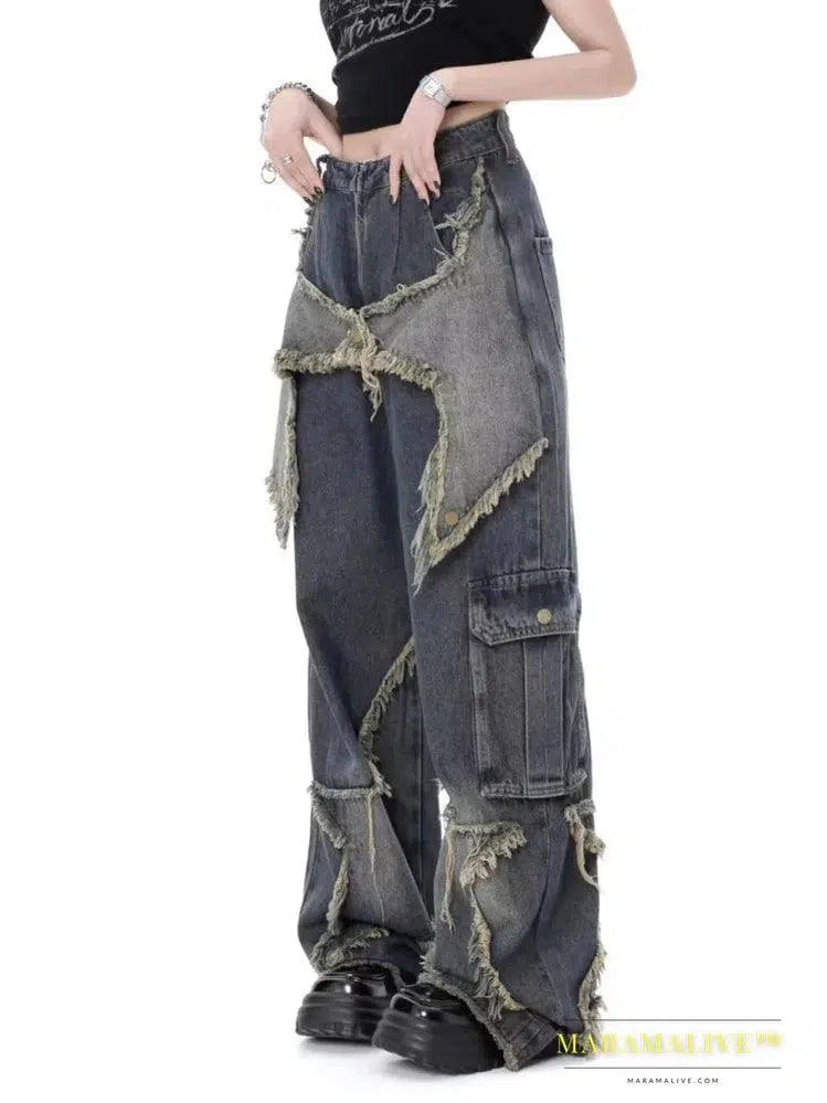 Super Beautiful Flower High Waist Summer Loose Wide Leg Vintage Style Unique Versatile Straight Leg Pants Women's Jeans