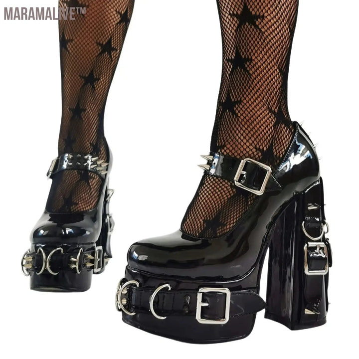 Super High Heels Gothic Pumps Metal Buckle Belt Rings Rivet Sexy Platform Cosplay Chunky High Heels Ankle Strap High Heel Shoes