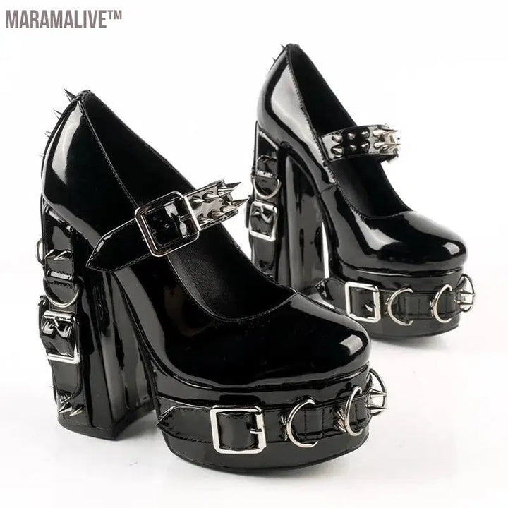 Super High Heels Gothic Pumps Metal Buckle Belt Rings Rivet Sexy Platform Cosplay Chunky High Heels Ankle Strap High Heel Shoes