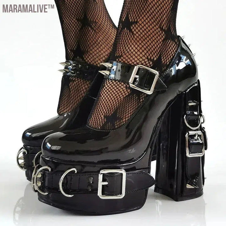 Super High Heels Gothic Pumps Metal Buckle Belt Rings Rivet Sexy Platform Cosplay Chunky High Heels Ankle Strap High Heel Shoes