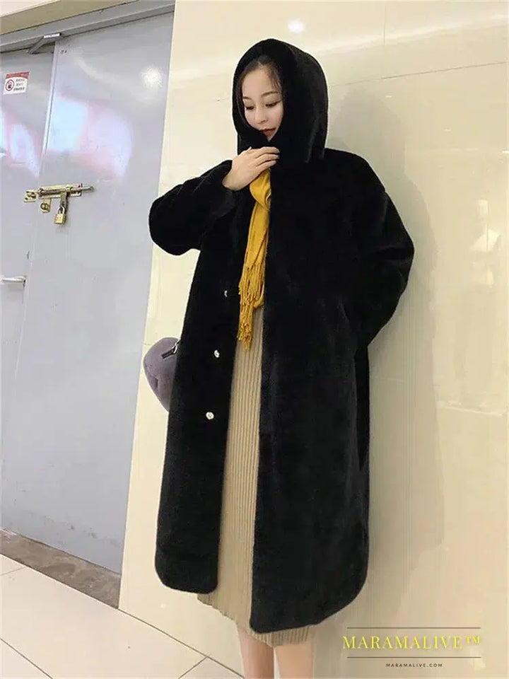 Super Warm Hooded Long Faux Fur Coats Trend Luxury Plush Overcoat Rabbit Furs Winter Jackets Women Thicken Loose Furry Jaqueta