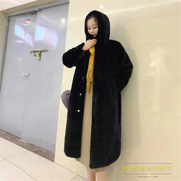 Super Warm Hooded Long Faux Fur Coats Trend Luxury Plush Overcoat Rabbit Furs Winter Jackets Women Thicken Loose Furry Jaqueta