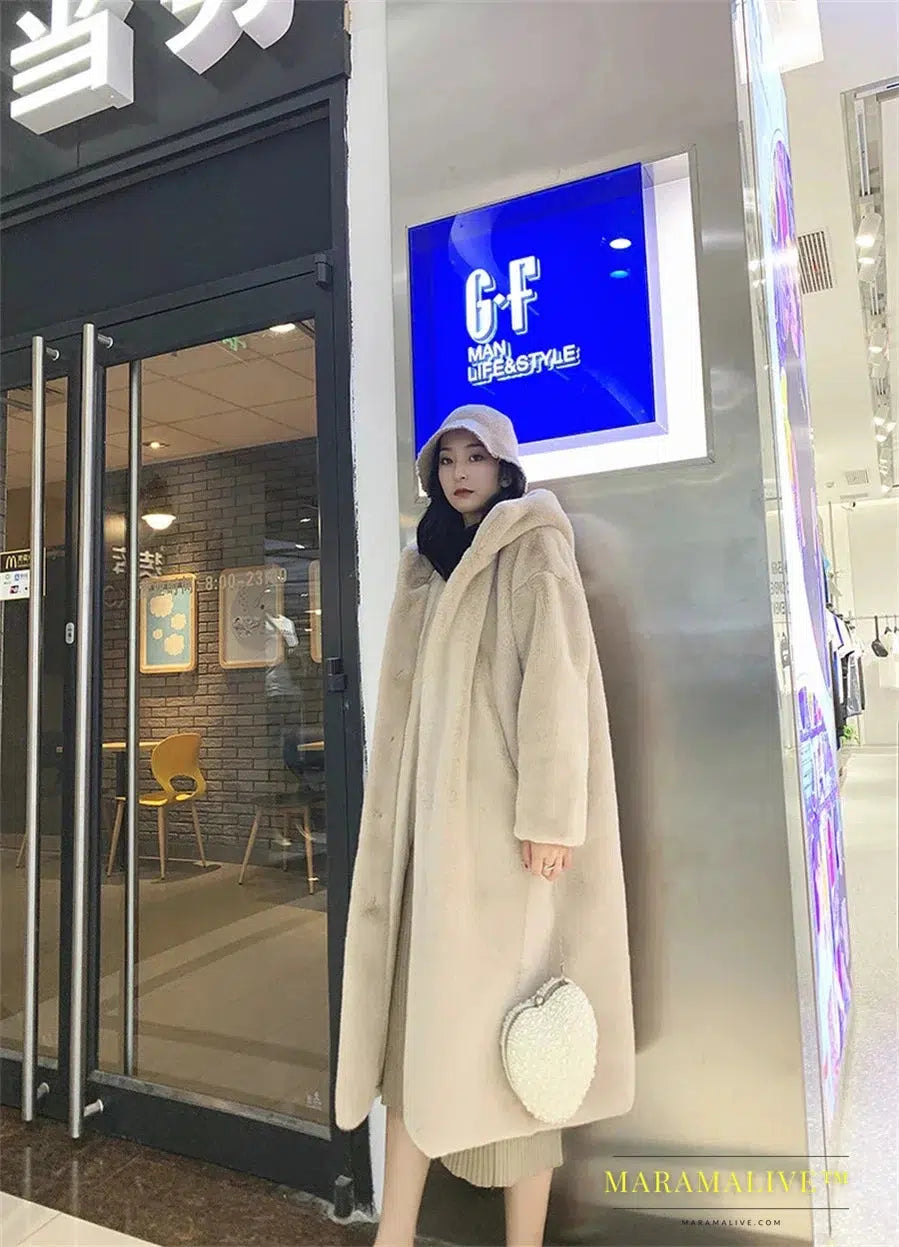 Super Warm Hooded Long Faux Fur Coats Trend Luxury Plush Overcoat Rabbit Furs Winter Jackets Women Thicken Loose Furry Jaqueta