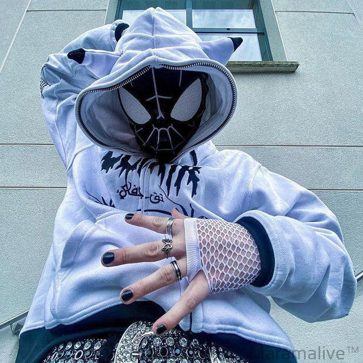 Sweatshirt Streetwear Y2k Clothes Dark Spider Print Hoodie Vintage Loose Hip Hop Tops Punk Men Women Couple Full Zip Up Hoodies