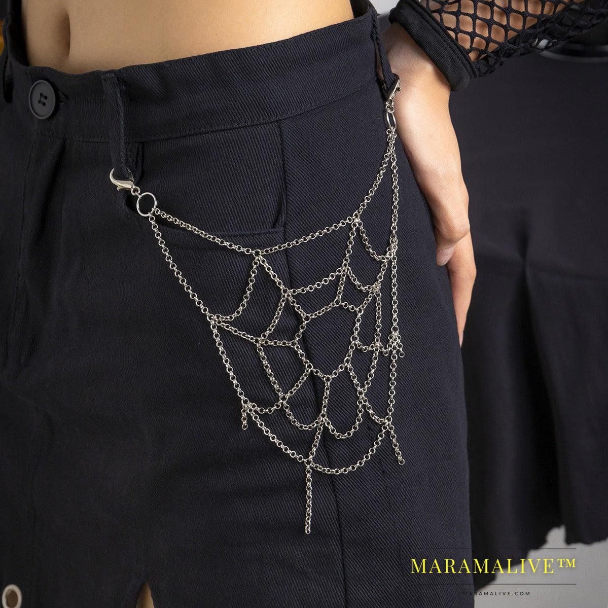 Sweet Cool Hot Girl Style Chain Body Clothing Chain Gothic Style Punk Spider Mesh Pants Zipper