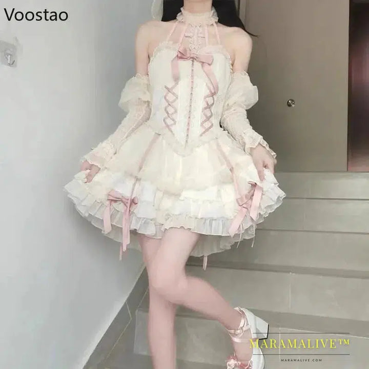 Sweet Lolita Princess Dress Women Gothic Cross Bow Lace Ruffles Party Dresses Girls Harajuku Cute Bandage Y2k Vestidos