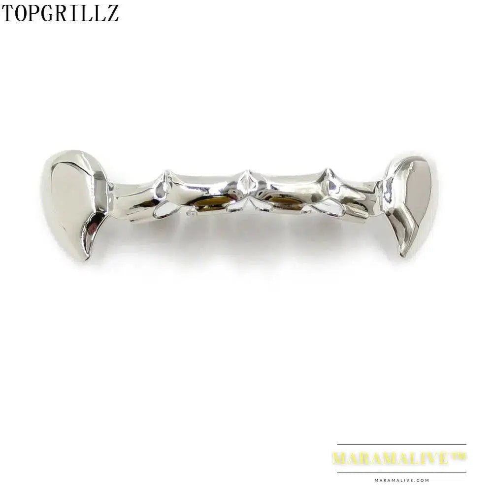 TOPGRILLZ Fang Grillz Set Gold Color Plated Half Teeth Dracula Vampire Fangs Slim Grills Gold Top & Bottom Grillz Teeth Set