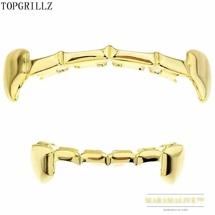 TOPGRILLZ Fang Grillz Set Gold Color Plated Half Teeth Dracula Vampire Fangs Slim Grills Gold Top & Bottom Grillz Teeth Set