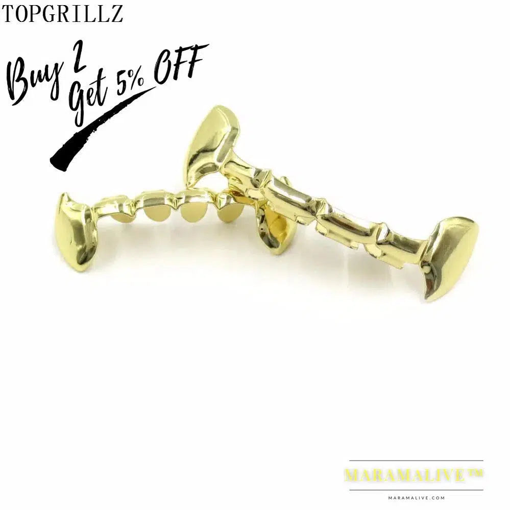 TOPGRILLZ Fang Grillz Set Gold Color Plated Half Teeth Dracula Vampire Fangs Slim Grills Gold Top & Bottom Grillz Teeth Set