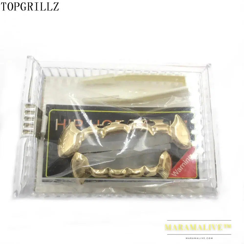 TOPGRILLZ Fang Grillz Set Gold Color Plated Half Teeth Dracula Vampire Fangs Slim Grills Gold Top & Bottom Grillz Teeth Set