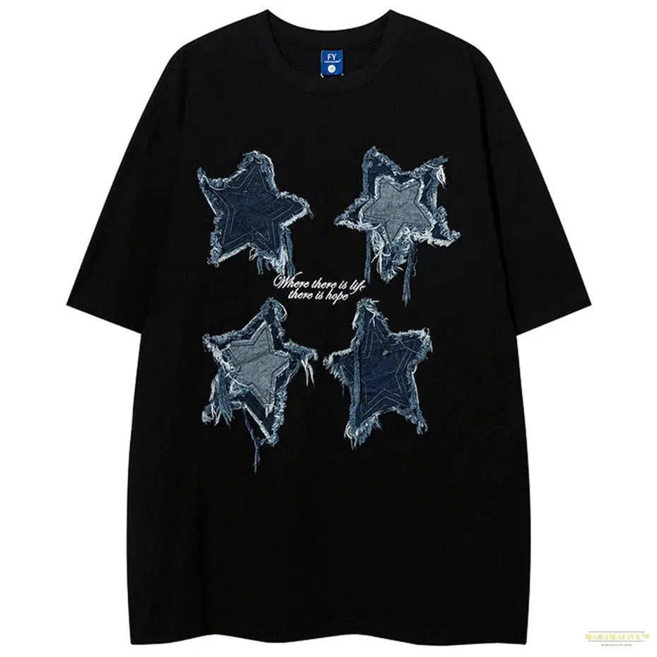 Tassel Denim Star Patchwork T Shirts Summer Fashion Men Streetwar Hip Hop Oversized T-shirt Harajuku Loose Cotton Tshirt Unisex