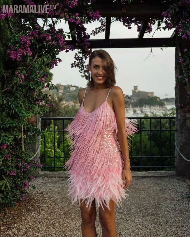 Tassel Sequins Feather Stitching Dress