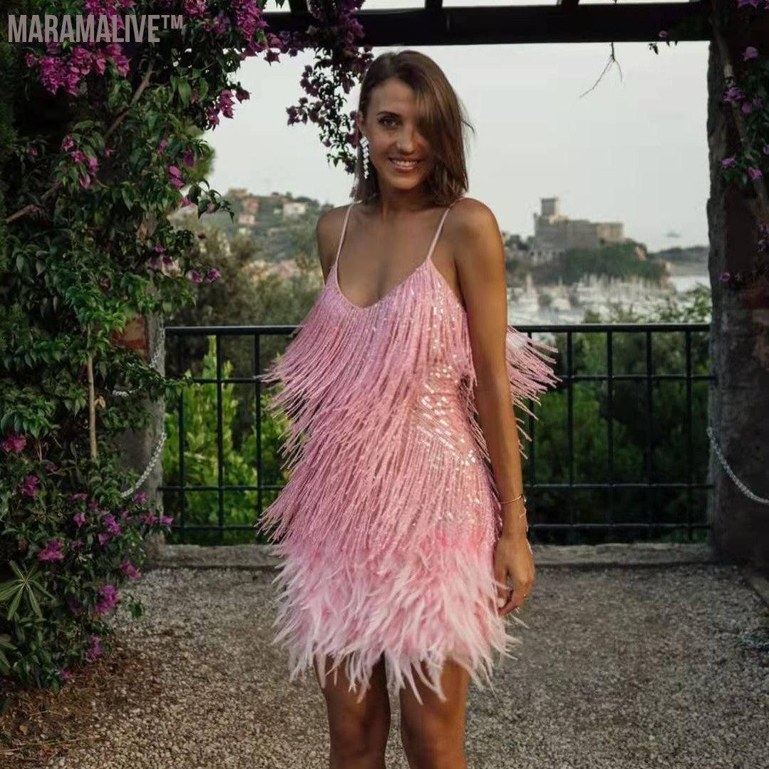 Tassel Sequins Feather Stitching Dress