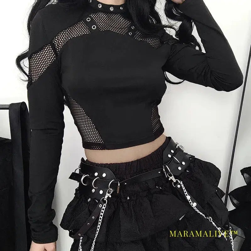 Techwear Cyber Gothic Fishnet Patches T-shirts Punk Grunge Hollow Out Skinny Crop Tops Black Eyelet Fashion Alt Clothe