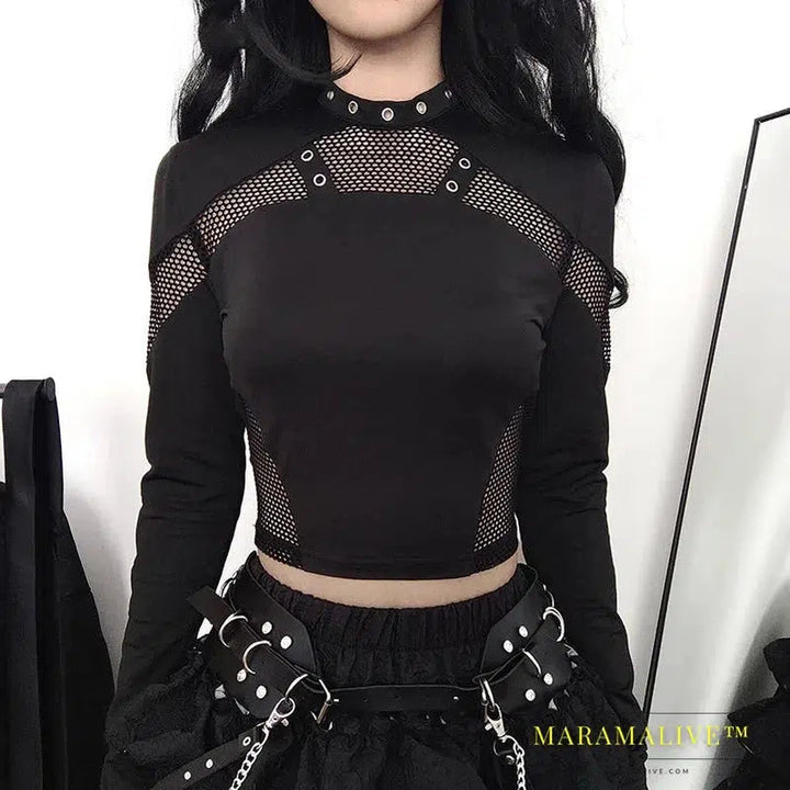 Techwear Cyber Gothic Fishnet Patches T-shirts Punk Grunge Hollow Out Skinny Crop Tops Black Eyelet Fashion Alt Clothe