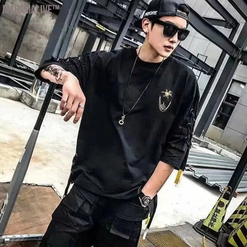 Techwear Fashion Printing Anime Men Lace Up T Shirt Streetwear Summer Hip Hop Punk Male Clothing Harajuku Casual Sport T-Shirt