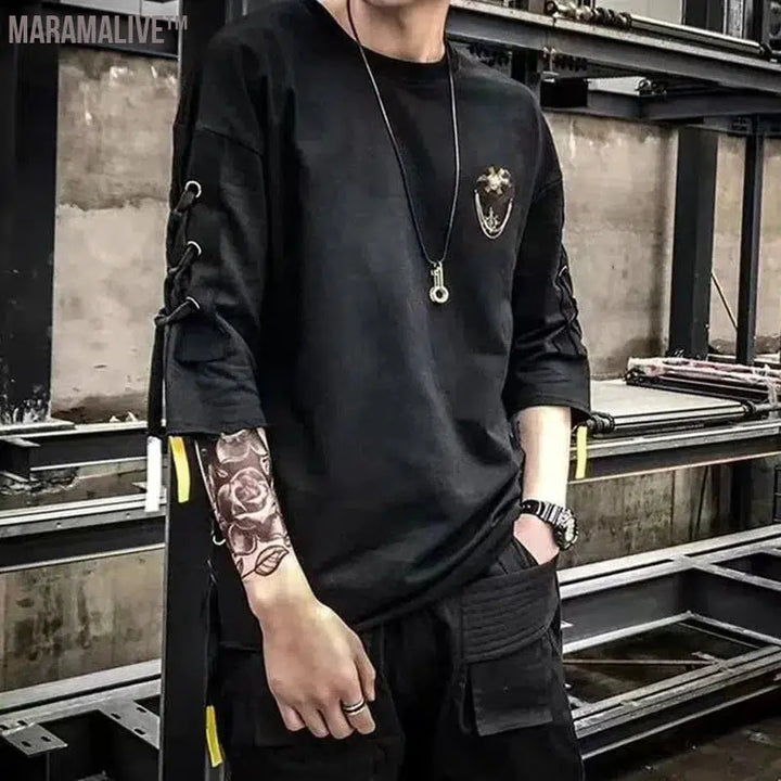 Techwear Fashion Printing Anime Men Lace Up T Shirt Streetwear Summer Hip Hop Punk Male Clothing Harajuku Casual Sport T-Shirt