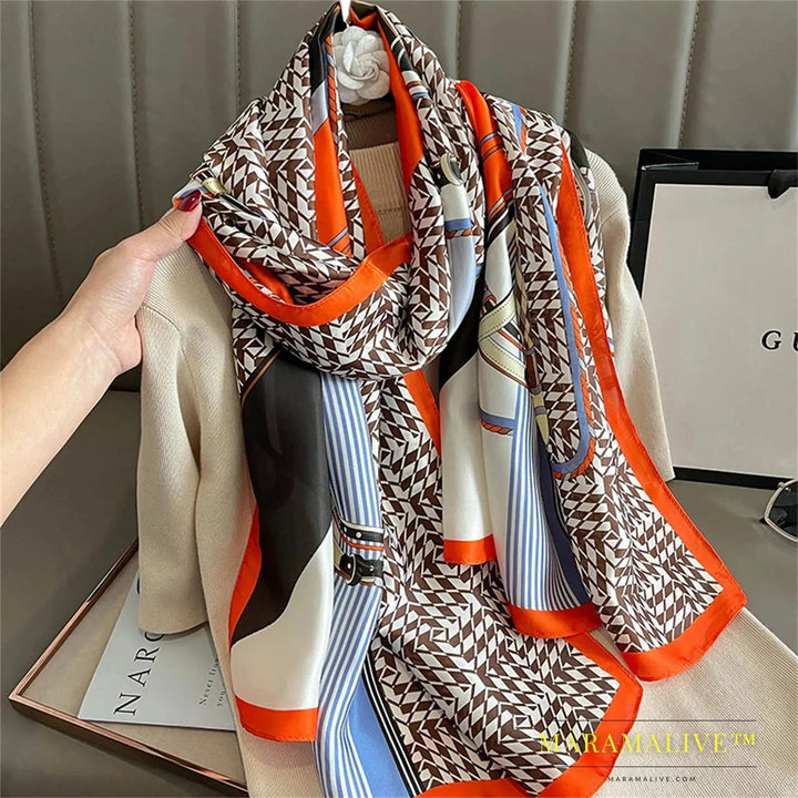 The Four Seasons 180*90CM Scarves Fashion Design Satin Finish Shawl Women Popular Print Warm Luxury Brand Lrage Silk Scarf