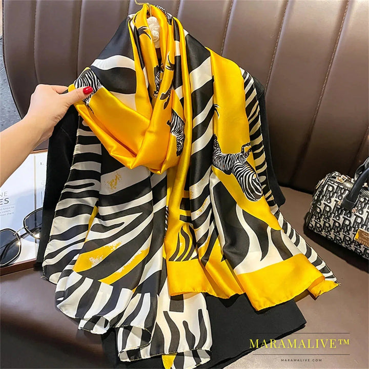 The Four Seasons 180*90CM Scarves Fashion Design Satin Finish Shawl Women Popular Print Warm Luxury Brand Lrage Silk Scarf