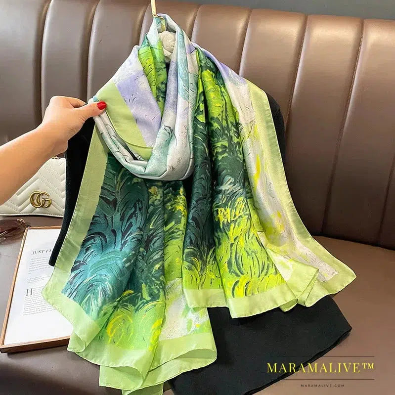 The Four Seasons 180*90CM Scarves Fashion Design Satin Finish Shawl Women Popular Print Warm Luxury Brand Lrage Silk Scarf