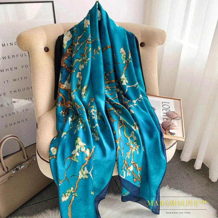 The Four Seasons 180*90CM Scarves Fashion Design Satin Finish Shawl Women Popular Print Warm Luxury Brand Lrage Silk Scarf