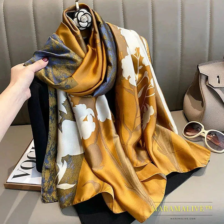 The Four Seasons 180*90CM Scarves Fashion Design Satin Finish Shawl Women Popular Print Warm Luxury Brand Lrage Silk Scarf