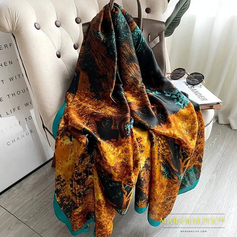 The Four Seasons 180*90CM Scarves Fashion Design Satin Finish Shawl Women Popular Print Warm Luxury Brand Lrage Silk Scarf