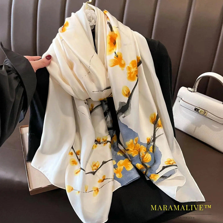 The Four Seasons 180*90CM Scarves Fashion Design Satin Finish Shawl Women Popular Print Warm Luxury Brand Lrage Silk Scarf