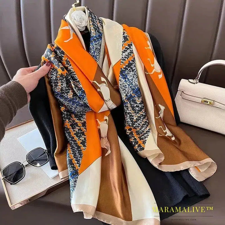 The Four Seasons 180*90CM Scarves Fashion Design Satin Finish Shawl Women Popular Print Warm Luxury Brand Lrage Silk Scarf