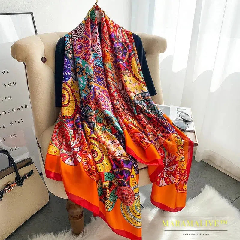 The Four Seasons 180*90CM Scarves Fashion Design Satin Finish Shawl Women Popular Print Warm Luxury Brand Lrage Silk Scarf