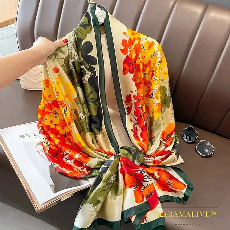 The Four Seasons 180*90CM Scarves Fashion Design Satin Finish Shawl Women Popular Print Warm Luxury Brand Lrage Silk Scarf