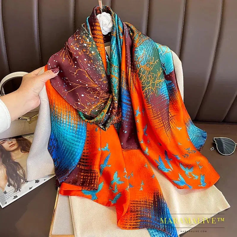 The Four Seasons 180*90CM Scarves Fashion Design Satin Finish Shawl Women Popular Print Warm Luxury Brand Lrage Silk Scarf