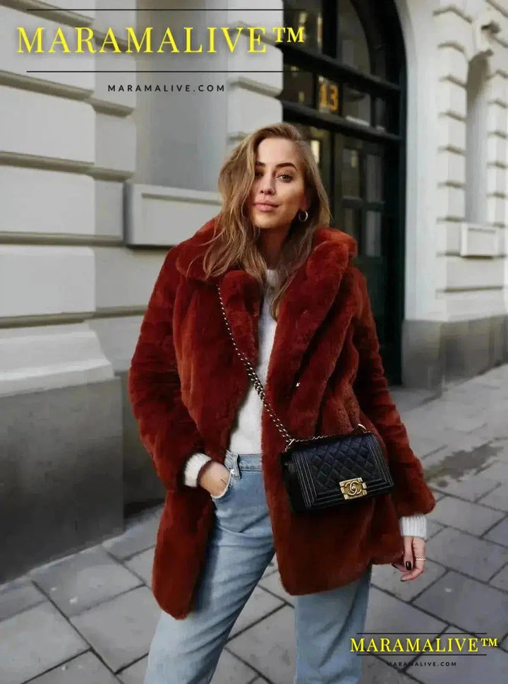 Thick Faux Fur Jacket Women Wine Red Autumn Winter Maxi Coat Long Warm Luxury Fur Black Parkas Furry Outerwear