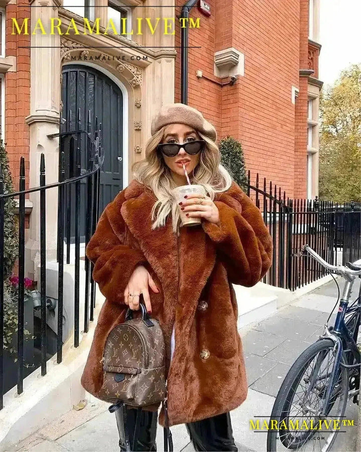 Thick Faux Fur Jacket Women Wine Red Autumn Winter Maxi Coat Long Warm Luxury Fur Black Parkas Furry Outerwear