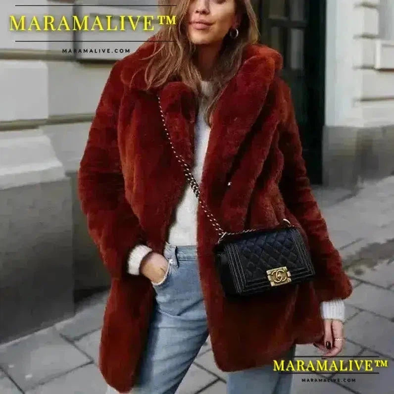 Thick Faux Fur Jacket Women Wine Red Autumn Winter Maxi Coat Long Warm Luxury Fur Black Parkas Furry Outerwear