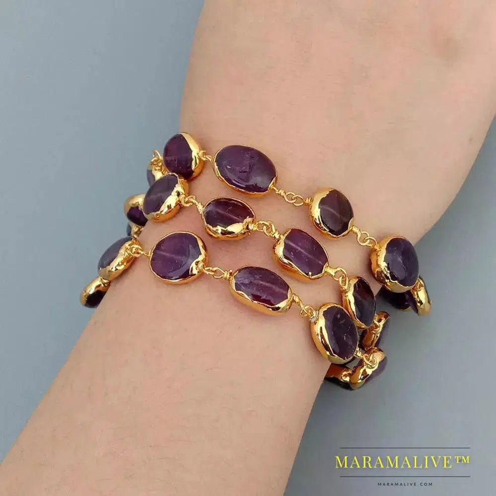 Three Strands Natural Amethyst Oval Pave With Electroplated Edge Wrap Bracelet 8"