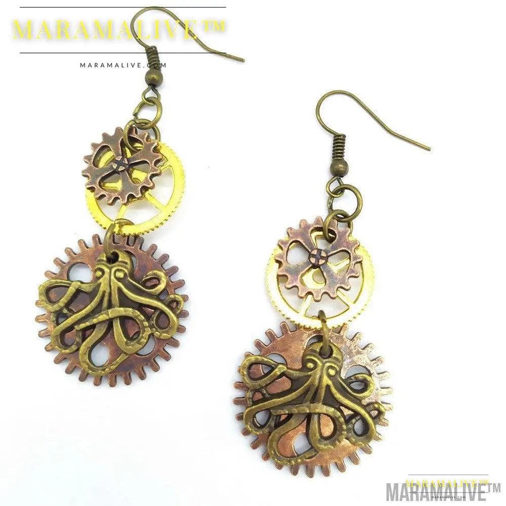 Three-color Gear Octopus Steampunk Earrings