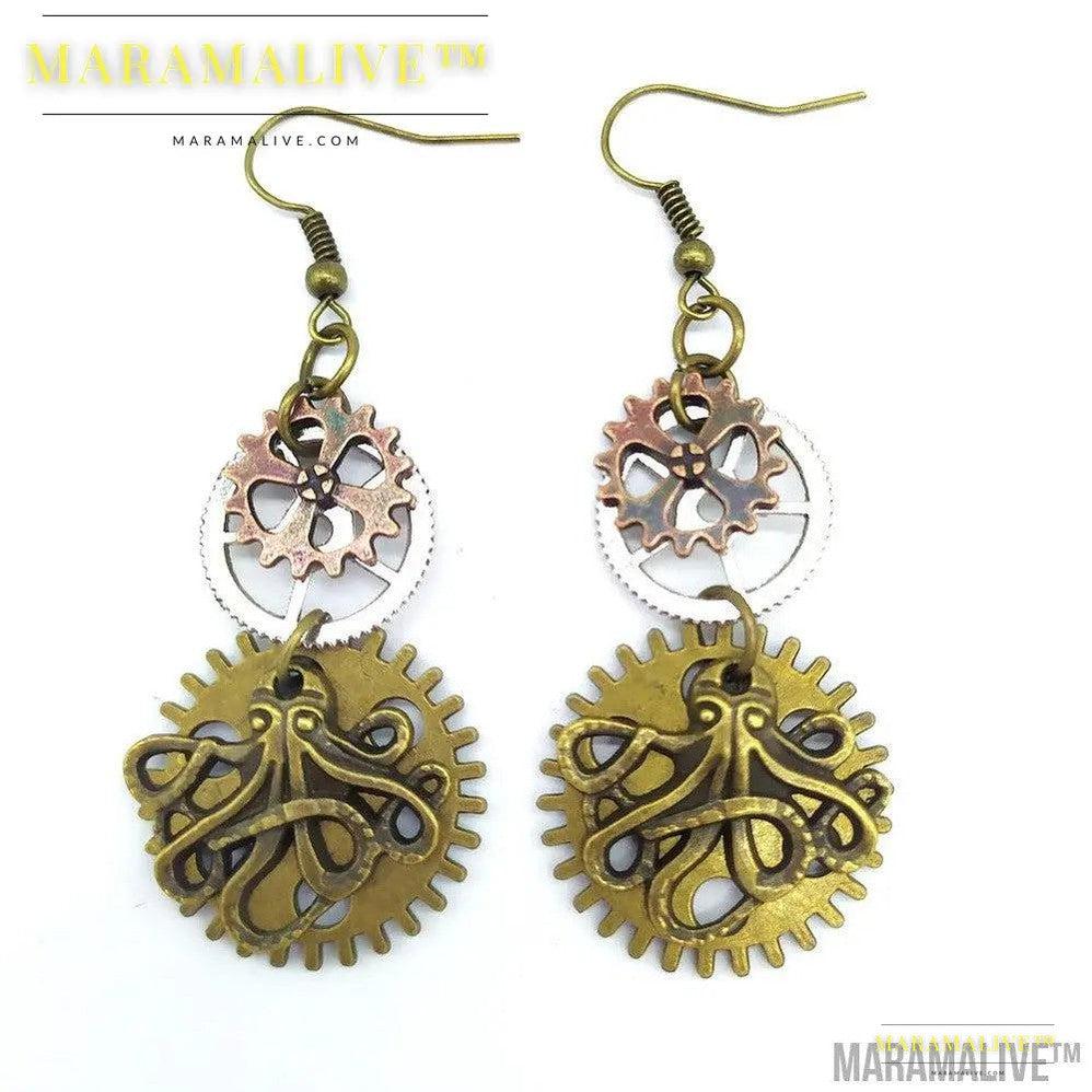 Three-color Gear Octopus Steampunk Earrings