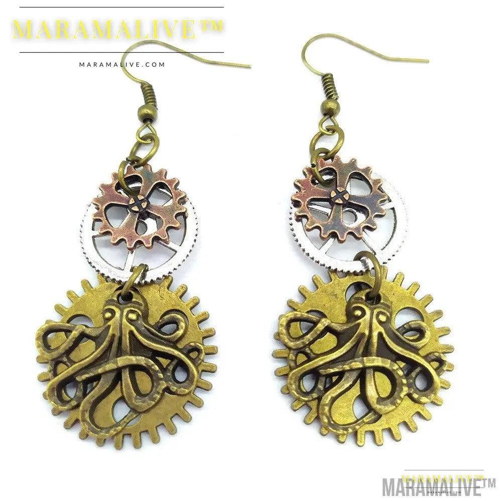 Three-color Gear Octopus Steampunk Earrings