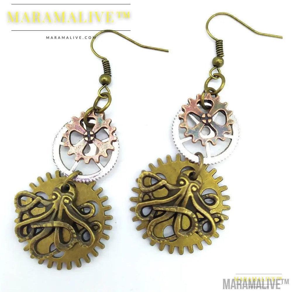 Three-color Gear Octopus Steampunk Earrings