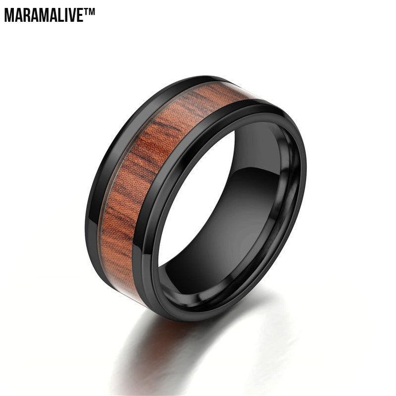 Titanium Steel Ring Acacia Ebony Teak