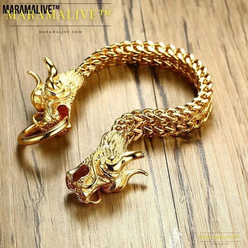 Titanium steel men's golden dragon head bracelet